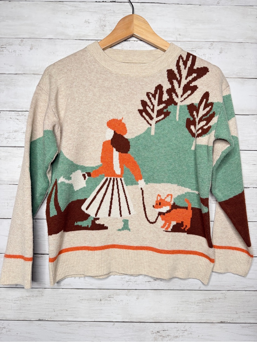 Scenic Dog Walker Intarsia Sweater Size Small Cottagecore Novelty Knit